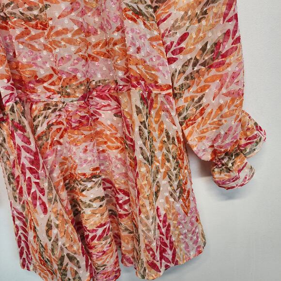 Cato Tropical Peplum Blouse Size 14/16 Pink Swiss Dot Flocked Ruffle Vacation - Picture 5 of 13